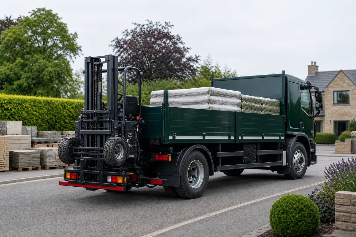 Large vehicle with a rear-mounted Moffett forklift